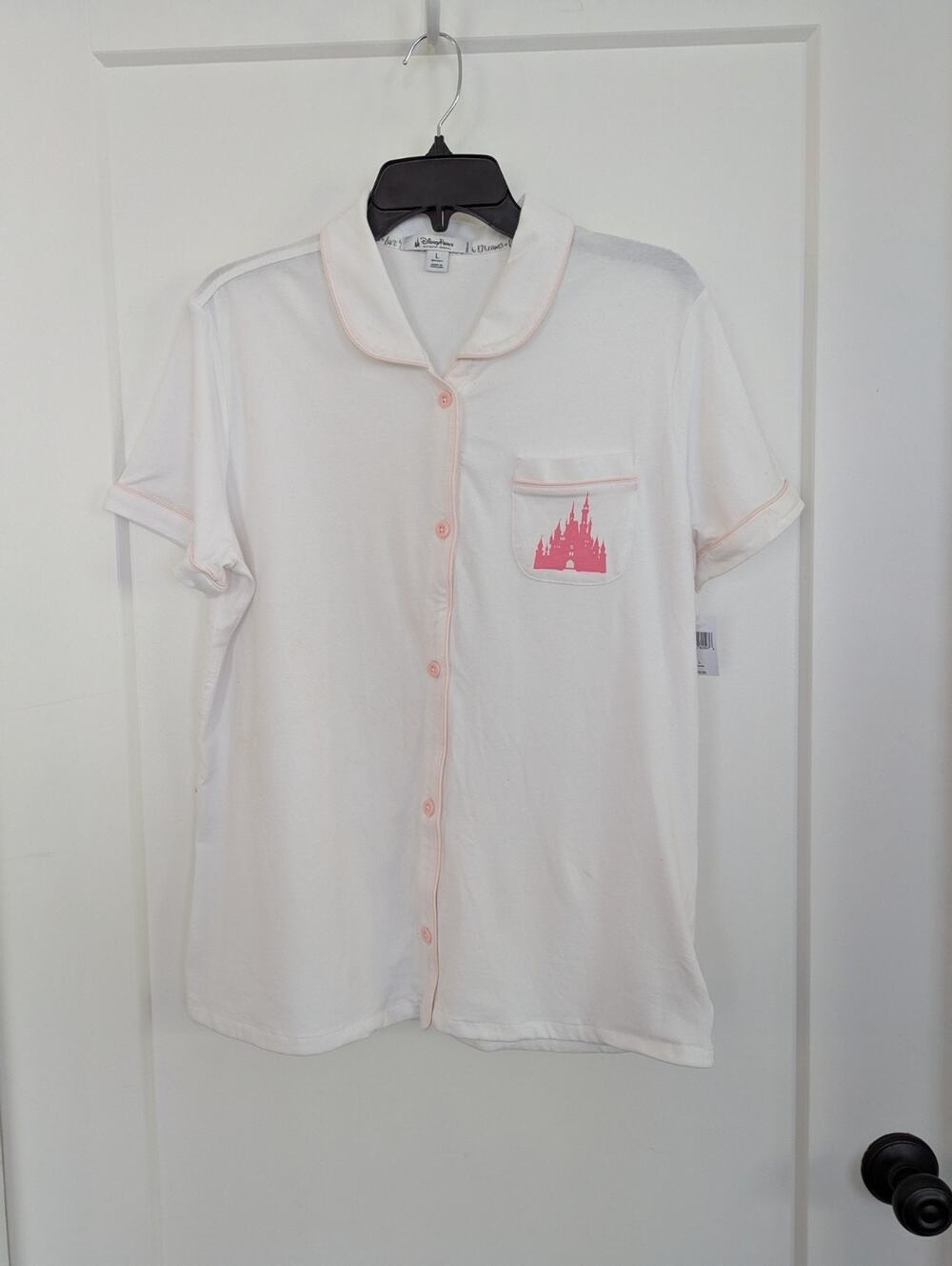 Disney Parks Women's Large White PJ Pajama Top Pink Castle Button Up
